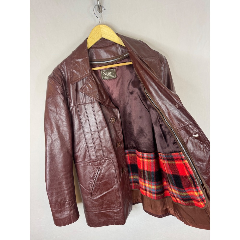 Vintage 70s Sears Burgundy Leather Jacket Plaid Lined Car Coat Plaid Lined